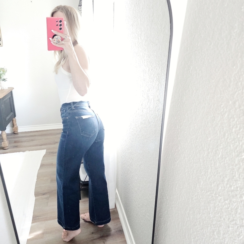 Risen HR Dark Wash Classic Wide Leg Cropped Denim Jeans Office Various NEW - Picture 13 of 16